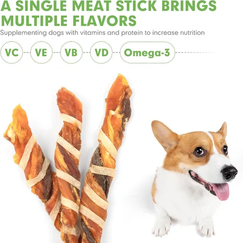 Vista 4 de MON2SUN Golosinas para perros, palitos de cecina de triple sabor, palitos de pollo de pato y bacalao de 4.5 a 5 pulgadas para perros pequeños