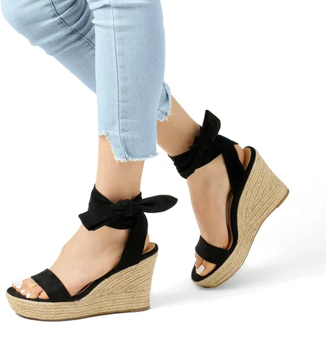 Vista 3 de DREAM PAIRS Alpargatas de punta abierta para mujer, con cordones y correa de tobillo, sandalias elegantes