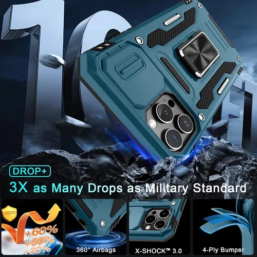 Vista 301 de DEERLAMN Funda para iPhone Xs Max con funda deslizante para cámara + protector de pantalla, soporte giratorio de anillo de grado militar a prueba