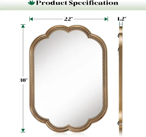 Vista 4 de Espejo de pared festoneado, espejo ovalado dorado de 22 x 30 pulgadas, marco decorativo de cuentas doradas, espejos dorados antiguos de flores