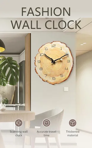Vista 4 de Reloj de pared anual de 12 pulgadas, reloj de tocón de grano de madera con números arábigos, funciona con pilas, movimiento de cuarzo silencioso
