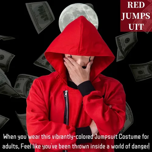 Vista 7 de Mono rojo con capucha overol rojo unisex con máscara disfraz de cosplay de la serie de TV versión original disfraz de Halloween