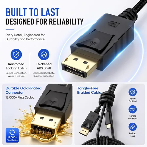 Vista 7 de Cable USB C a DisplayPort 1.4 de 8K de 6.6 pies con pestillo, 8K @60Hz 4K a 144Hz USB C a DP, USB-C a puerto de pantalla, cable Thunderbolt 4/3