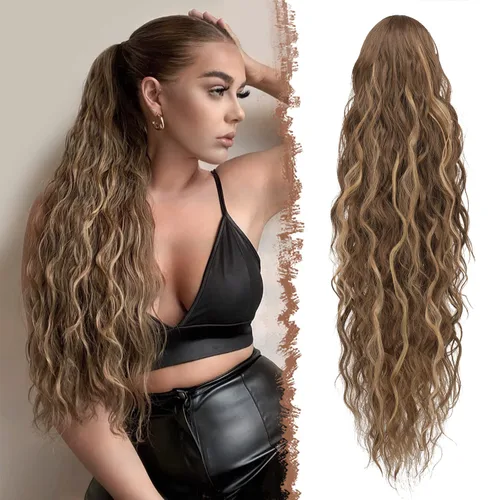 Vista 9 de FESHFEN Extensiones de cola de caballo – 26 pulgadas cordón largo rizado ondulado clip en colas de caballo pelo sintético extensiones de cola