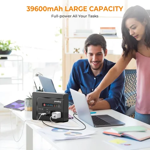 Vista 2 de Powkey Estación de Energía Portátil 200W, Paquete de Batería de Generador Solar Portátil 146Wh con 2 Salidas de CA de Onda Senoidal Pura/4 USB A/1