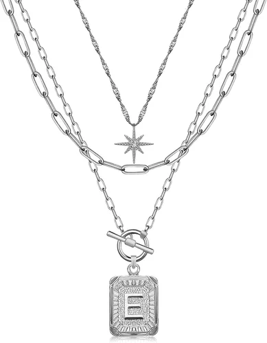 Vista 16 de MJartoria Collares con iniciales en capas para mujer, modernos, chapados en oro de 14 quilates, cadena de papel, collar sencillo con dije de Dorado