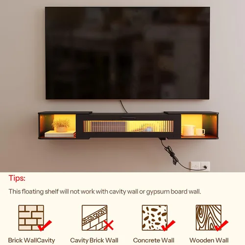 Vista 6 de HOOBRO Soporte de TV flotante con luz LED y toma de corriente para televisores de hasta 65 pulgadas, estante de TV montado en la pared, consola