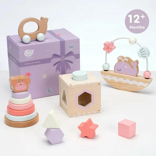 Vista 5 de Pillowhale Juego de juguetes de madera sensorial y educativo para niños pequeños de 1 a 3 años - Anillos para apilar, clasificador de formas, coche