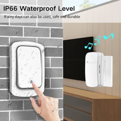 Vista 4 de Timbre inalámbrico autoalimentado, negro IP66 resistente al agua, no requiere batería, rango de 500 pies/492.1 ft, campanillas personalizadas, kit