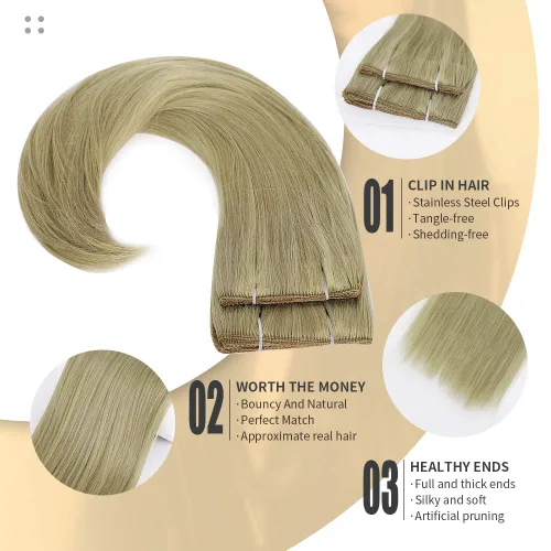 Vista 2 de Sué - Cuatro (4) exquisitas extensiones de 20 pulgadas de cabello ondulado largo grueso con clip, de color rubio miel mezclado con rubio ceniza