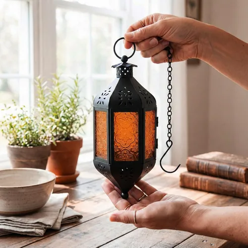 Vista 4 de Vela Lanterns Farol portavelas decorativo marroquí colgante de 11.5 pulgadas, portavelas para interiores y exteriores, para patio, porche, ramadán