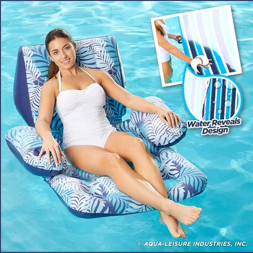 Vista 6 de Aqua Deluxe Silla de piscina con contorno, tela de lujo,piscina para sentarse al sol, flotador para adultos, alta resistencia, helechos azul/blanco.