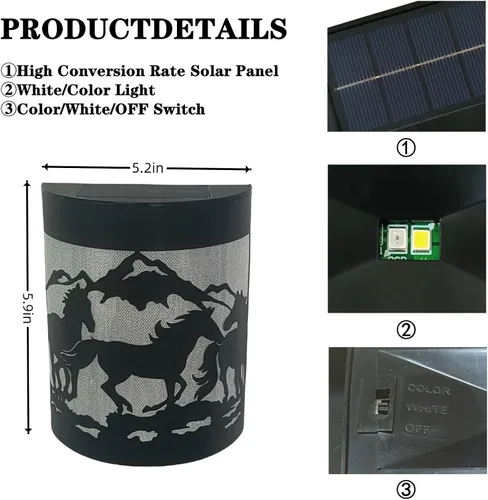 Vista 4 de Luces Solares de Pared con Forma de Caballo, Juego de 2 Luces Solares para Valla Exteriores Impermeables para Escalones de Terraza Valla Garaje