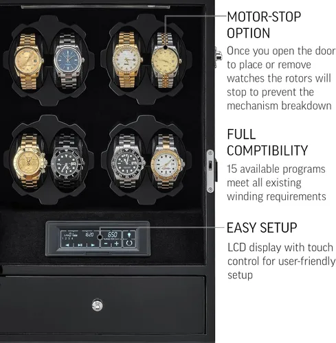 Vista 5 de Bobinadora de 8 relojes con retroiluminación LED y 5 cajones de almacenamiento para relojes