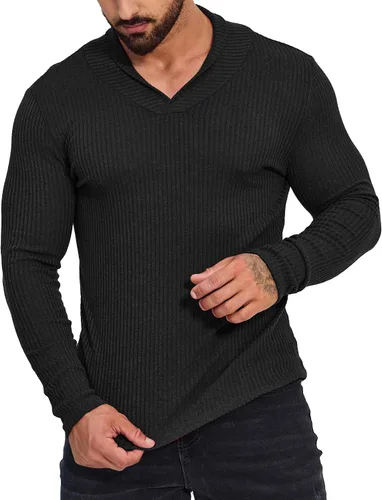 Vista 3 de ZAFUL Suéter con cuello en V para hombre, ligero, manga larga, tejido ajustado, suéter térmico