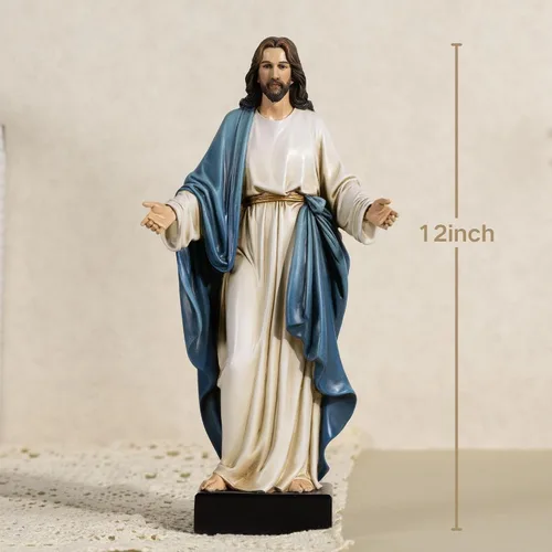 Vista 4 de Estatua de Jesús de 12 pulgadas con brazos abiertos, figura de Jesucristo pintada a mano en túnica azul, escultura religiosa de resina realista
