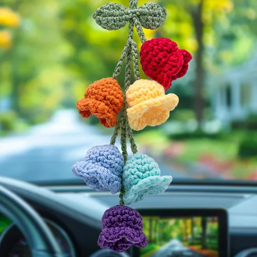 Vista 20 de Accesorios para colgar espejos de automóvil, colgante de flor de lirio tejido hecho a mano, bonita decoración colgante de ganchillo para espejo