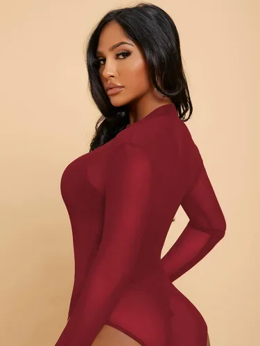 Vista 2 de Floerns Camiseta de manga larga con cremallera de malla transparente para mujer