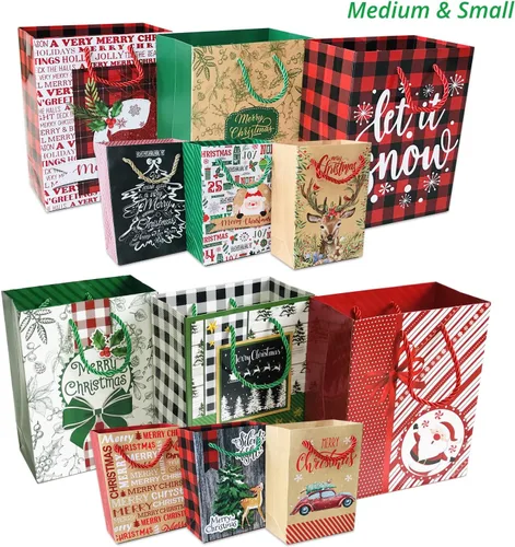 Vista 7 de Party Funny 24 bolsas de papel de regalo de Navidad a granel con asas y 60 etiquetas de regalo de Navidad, varios tamaños para envolver regalos