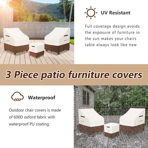 Vista 6 de Juego de 3 piezas de fundas para sillas de patio Adirondack, funda de muebles de patio impermeable de 600D resistente, incluye 2 fundas para sillas