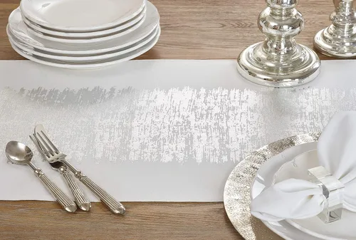 Vista 3 de SARO LIFESTYLE Agatha Collection - Camino de mesa con diseño de bandas metálicas plateadas, 16 x 72 pulgadas, rectangular, 16 x 72 pulgadas Plata