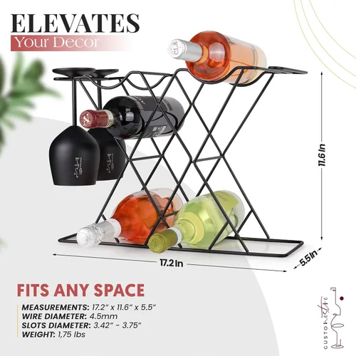 Vista 3 de Gusto Nostro Estantes de vino pequeños para 8 botellas y 4 vasos, estante de vino para encimera con soporte para vidrio, moderno estante de vino