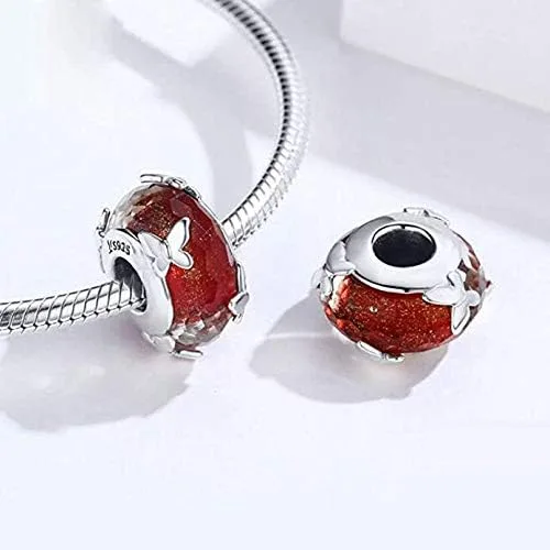 Vista 4 de Cuentas de cristal de Murano auténticas plata de ley 925 con núcleo facetado de copo de nieve de Navidad, flor, estrella de cristal, pulsera