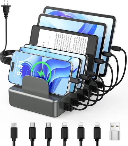 Vista 9 de CREATIVE DESIGN Estación de carga múltiple de 50 W y 6 puertos con 6 cables de carga, base de carga USB para múltiples dispositivos, compatible