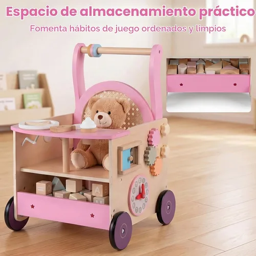 Vista 6 de OLAKIDS Andador de madera para bebés con centro de actividades, juguete Andador de pie con cochecito de muñeca, laberinto de cuentas, engranajes