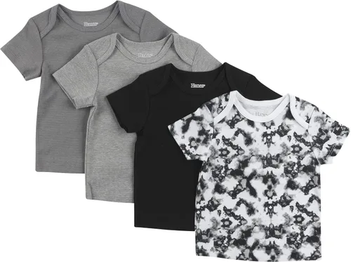 Vista 5 de Hanes Camiseta para bebé, Flexy de suave estiramiento, hombros expandibles, paquete de 4 Conjunto de camuflaje de rayas negras