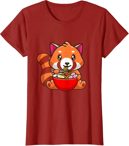 Vista 42 de Camiseta Kawaii Anime Red Panda Eating Ramen Noodles, Negro, S