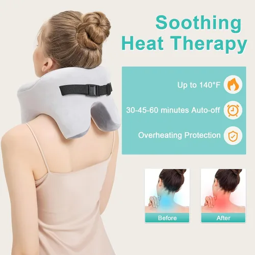 Vista 5 de AOBOCO Masajeador de cuello inalámbrico con calor, almohada de cuello calentada recargable de 5000 mAh para viajes, relajación de cuello, almohada