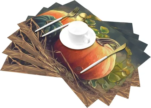 Vista 6 de Juego de 6 manteles individuales de PVC de cosecha de calabaza madura antideslizante, 12 x 18 pulgadas, juego de manteles individuales de granja