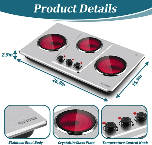 Vista 5 de CUSIMAX - Placa de cocción eléctrica de 7" de vidrio cerámico, quemador triple infrarrojo de encimera, placa caliente eléctrica para cocinar, 11