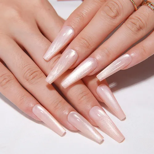 Vista 15 de Uñas postizas a presión largas, con brillo azul y diseño, acabado acrílico brillante, de cobertura completa, uñas postizas reutilizables para l002