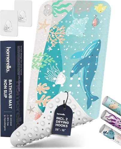 Vista 32 de Homerella - Alfombrilla de baño antideslizante y antideslizante para niños, 40 x 16 pulgadas, sin BPA, incluye 2 ganchos, tapete de ducha lavable