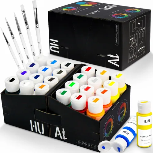 Vista 9 de HUAL Juego de pintura acrílica con 5 pinceles, 24 colores (2.0 fl oz, 2 onzas) para artistas, niños, principiantes y pintores
