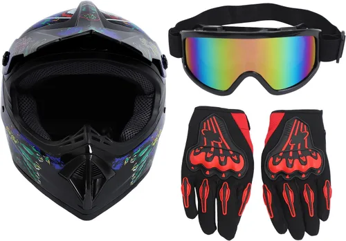Vista 2 de Guantes para niños, lentes para motociclista y casco para manejar fuera de pista, para niños, para motocross, aprobados por el DOT, para carreras, M