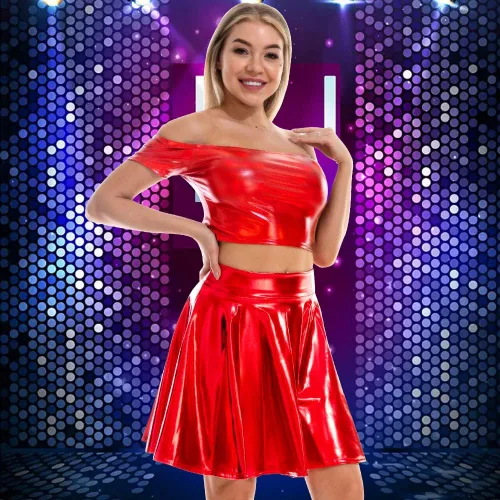 Vista 4 de eccbox Minifalda metálica brillante para mujer, diseño de discoteca de moda, acampanada, plisada y acampanada