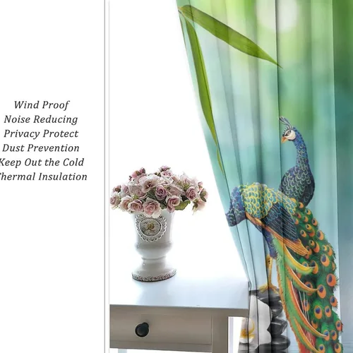 Vista 6 de Cortinas opacas de estilo japonés para dormitorio, hermoso pavo real, spa, verde, bambú, piedra negra, con ojales, aislamiento térmico, para Jardín