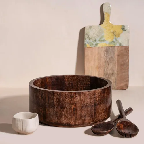 Vista 5 de Luxe Designs Juego de Tazón de Ensalada de Madera Quemada Oscura de 12" con Utensilios para Servir Ecológico, Tazón Multiusos para Mezclar y Servir