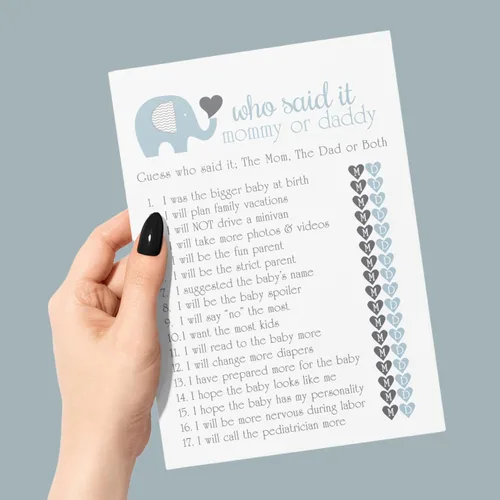 Vista 7 de Paper Clever Party Juego de baby shower de elefante para niños, 25 tarjetas de juego de Adivina quién mamá o papá, divertidas actividades