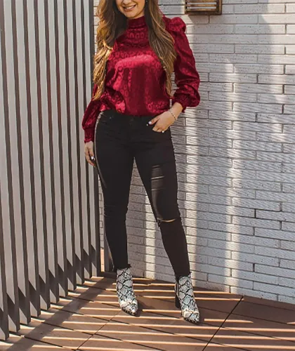Vista 5 de LYANER Blusa de trabajo con cuello alto y manga larga abombada para mujer