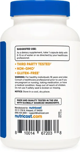 Vista 4 de Nutricost Ácido cítrico 1000 mg (0.04 oz), 120 cápsulas, sin gluten, sin OMG