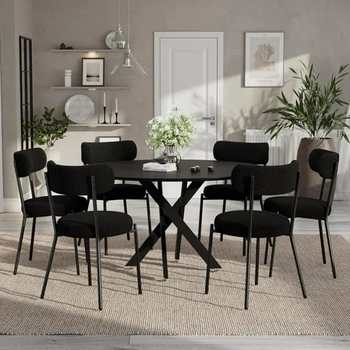 Vista 16 de Moderno juego de mesa de comedor redonda de 3 piezas, mesa de MDF circular negra y 2 sillas de comedor negras Boucle, muebles de cocina con marco