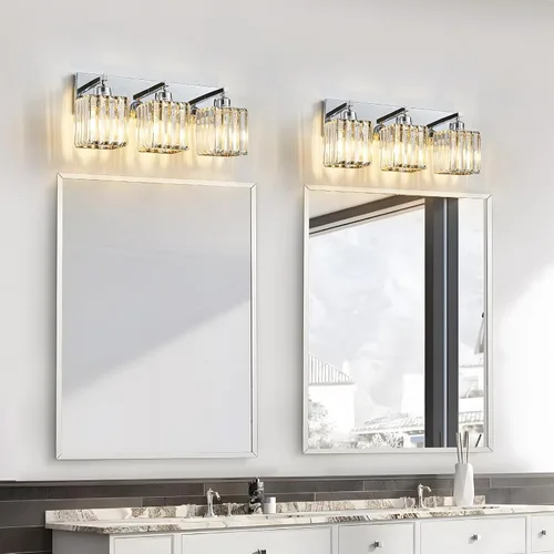 Vista 6 de Moderna lámpara de tocador de baño de 3 luces de cristal cromado moderno sobre espejo cromado iluminación de tocador de cristal aplique de pared