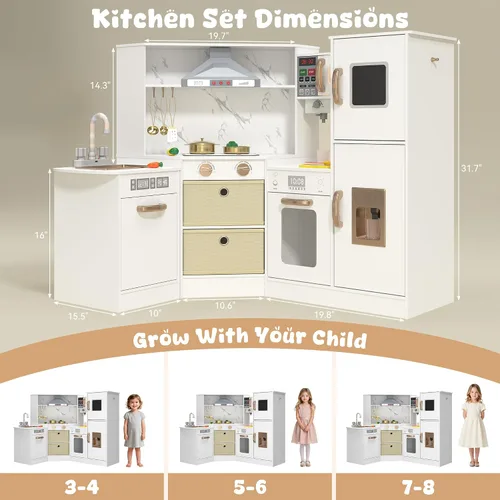 Vista 6 de BVIUNTWO Juego de juguetes de cocina, juego de cocina de madera para niños con luces y sonidos reales, estufa, fregadero, horno, máquina de hielo