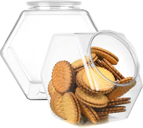 Vista 9 de DilaBee Paquete de 2 tarros de plástico para galletas, tarros hexagonales de 1 galón con tapas para bufé de dulces, cocina y oficina, tarros