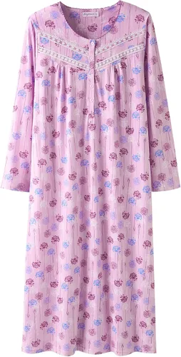 Vista 15 de Keyocean Camisones para mujer, de algodón suave, cómodo, ligero, de manga larga, vestidos de noche para mujer Azul