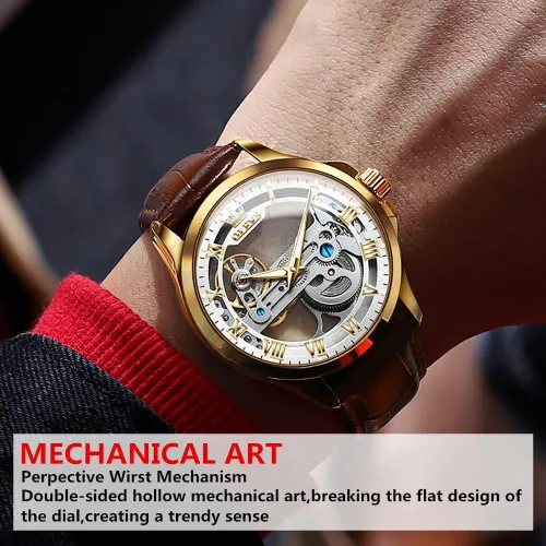 Vista 2 de OLEVS Relojes automáticos de cuero para hombres jóvenes, relojes de moda para hombres